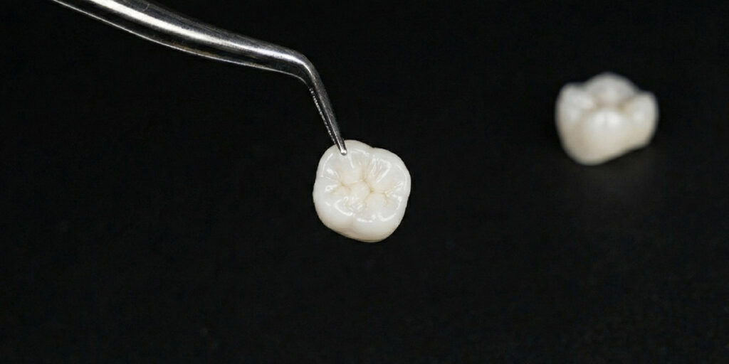 Dental lab worker holding dental crown and dental crown materials